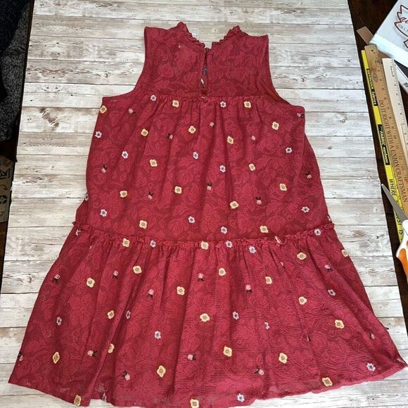 MI AMI Embroidered Floral Lace Ruffle Mini Babydoll Dress Medium Burgundy - Picture 11 of 13